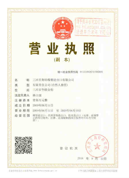 La Chine SANHE 3A RUBBER & PLASTIC CO., LTD. certifications