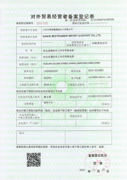 La Chine SANHE 3A RUBBER & PLASTIC CO., LTD. certifications